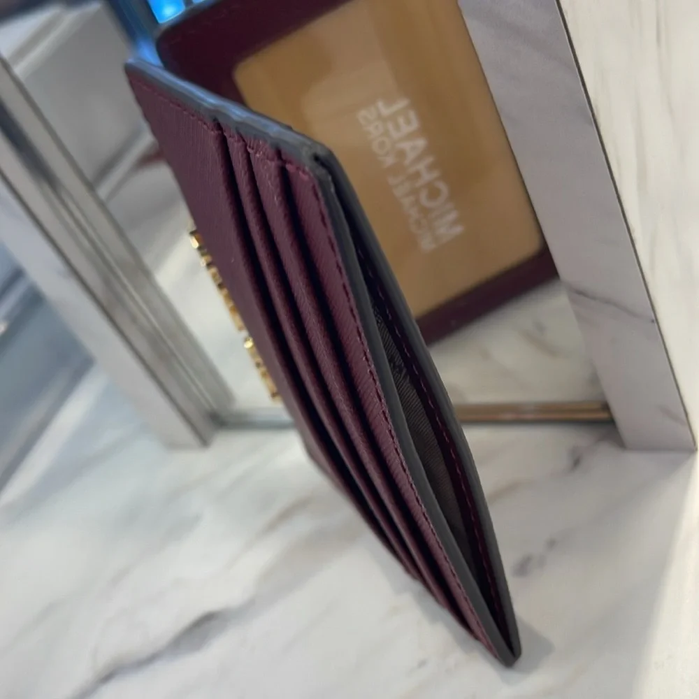 MICHAEL KORS Large Pebbled Leather Card Holder Case Dark Cherry NWT